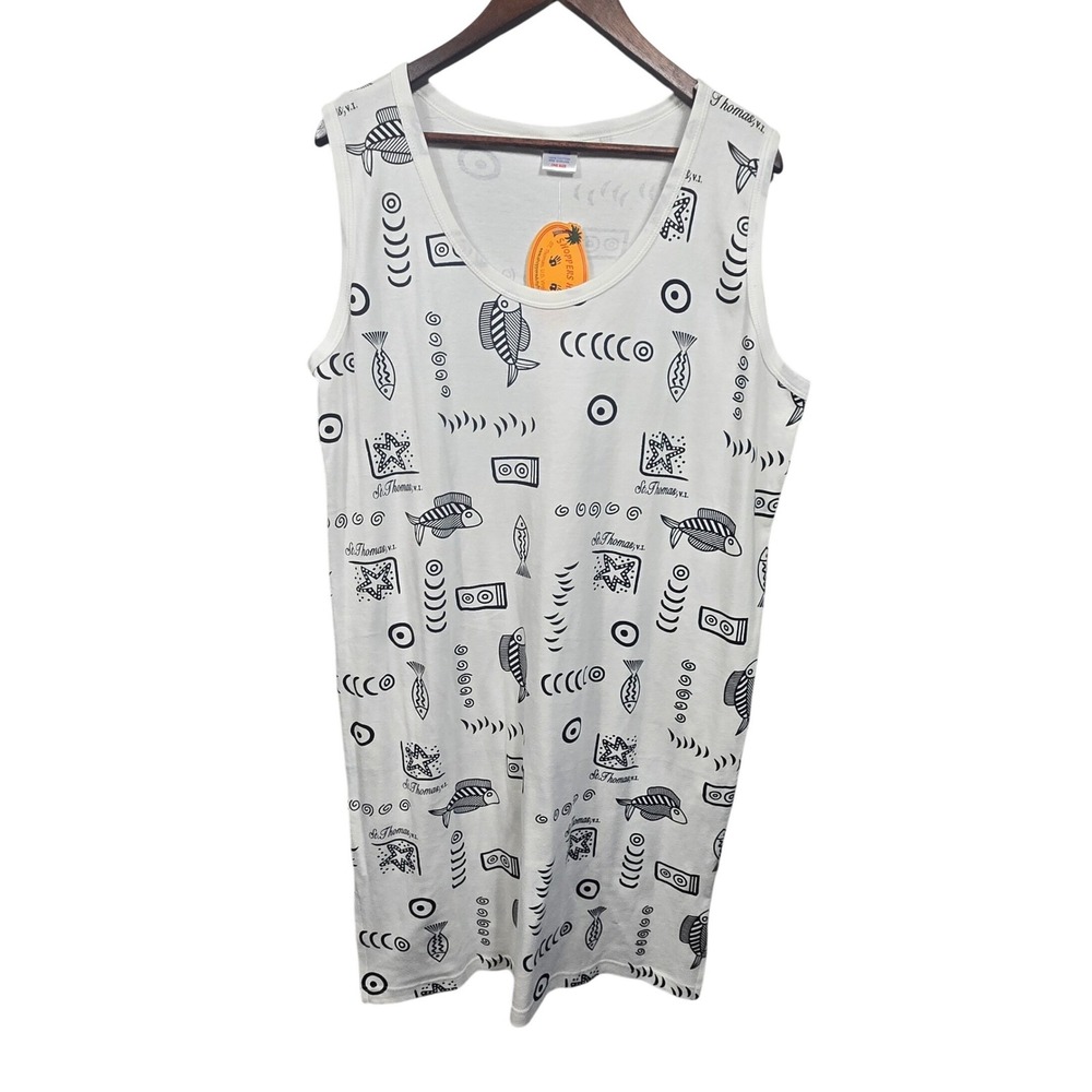 St Thomas Virgin Islands Fish‎ Print Tank Dress One Size White Cotton Vacation